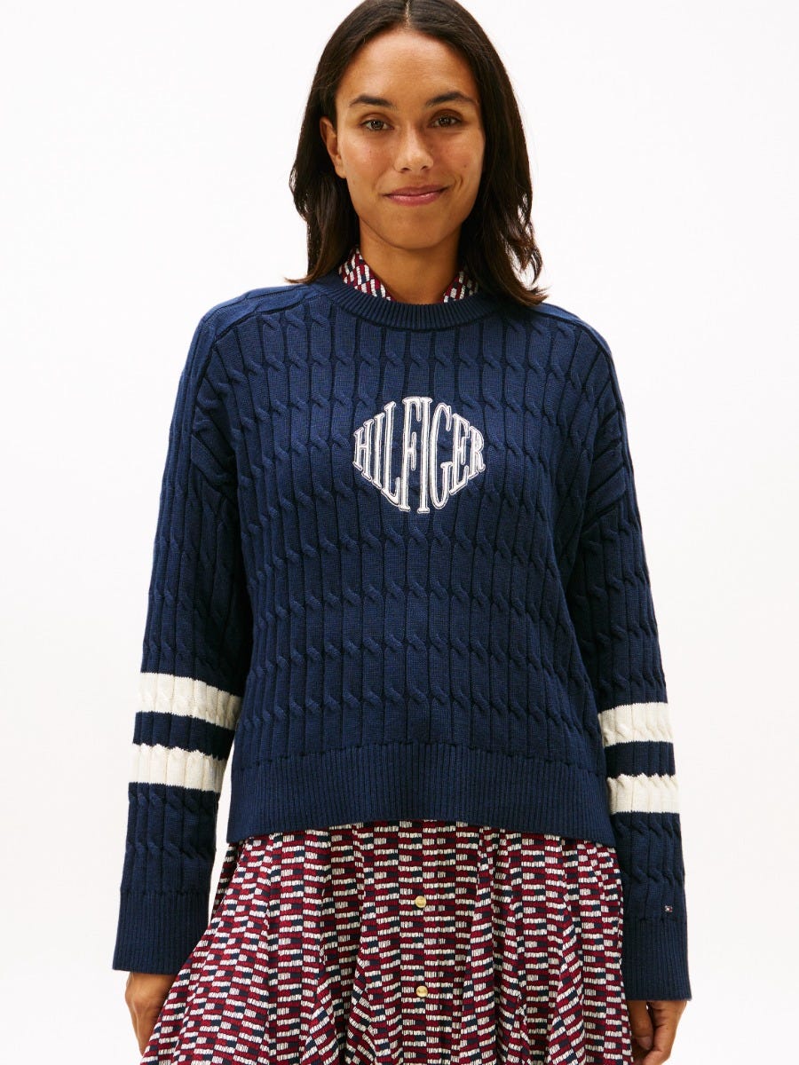 <p style="text-align: left;"><span style="font-family: 'Futura LT W01 Book'; letter-spacing: 0px; color: #000;">Logo Embroidery Cable Knit Jumper</span>